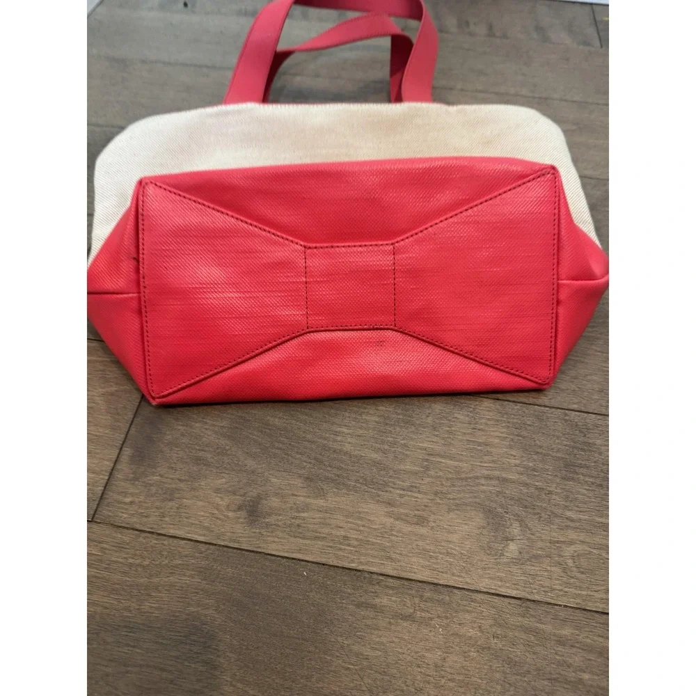 Kate Spade Tote Bag Womens Medium Pink Canvas Leather Bow Print Shoulder Purse‎